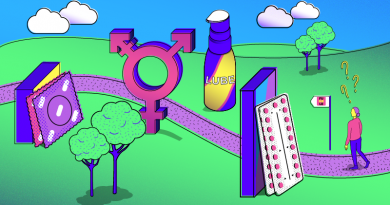 cartoon graphic of contraceptive pill and female sign