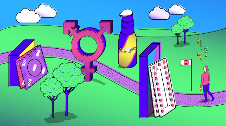 cartoon graphic of contraceptive pill and female sign