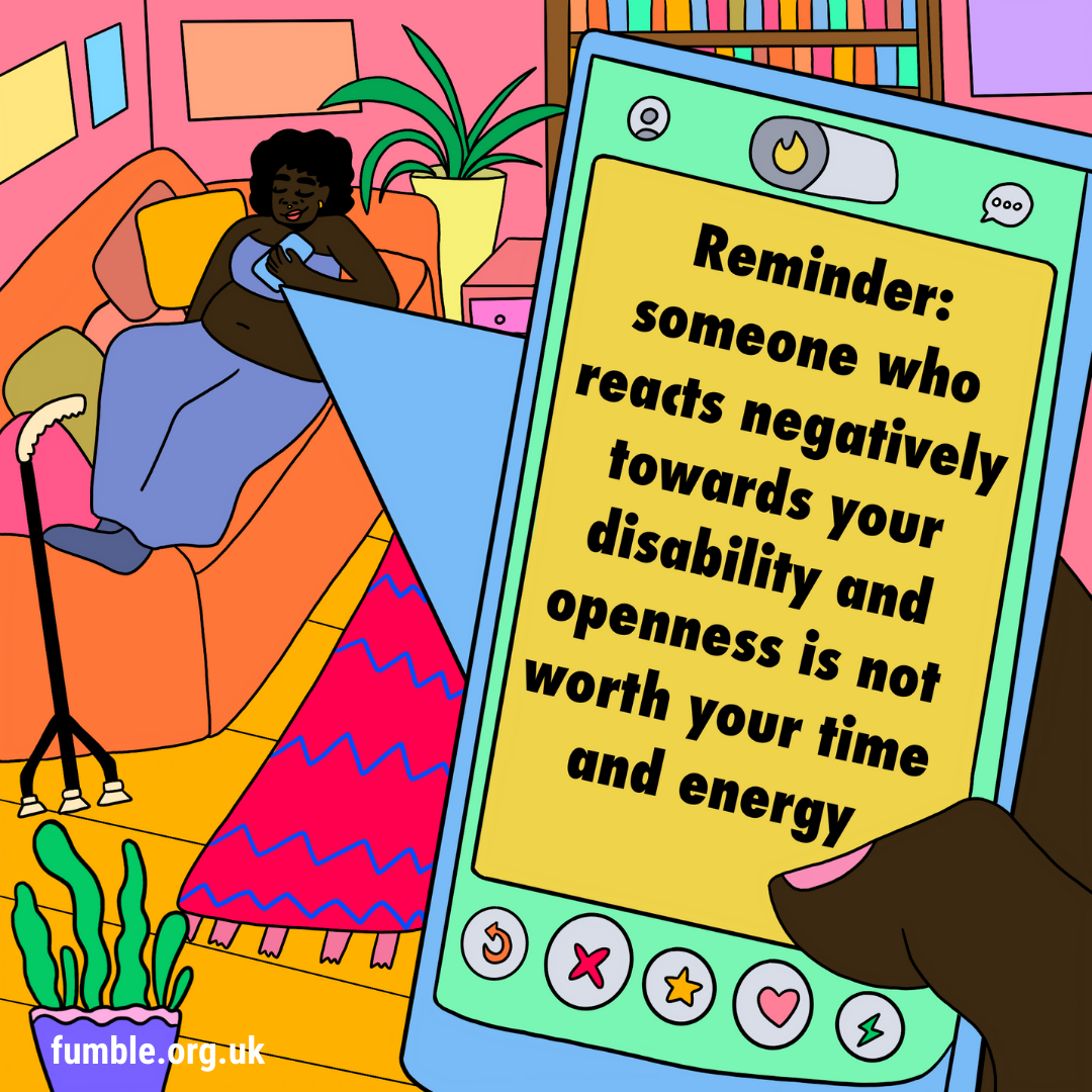 Person reclining on orange sofa in living room, with a phone screen that reads reminder: someone who responds negatively towards your disability and openness is not worth your time and energy