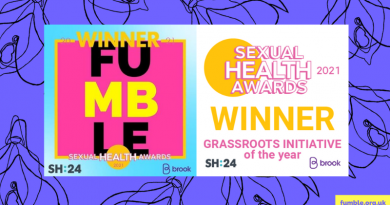 Fumble's logo and award win logo together on a purple background with a line drawing clitoris design pattern.