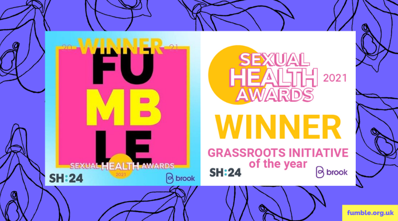 Fumble's logo and award win logo together on a purple background with a line drawing clitoris design pattern.